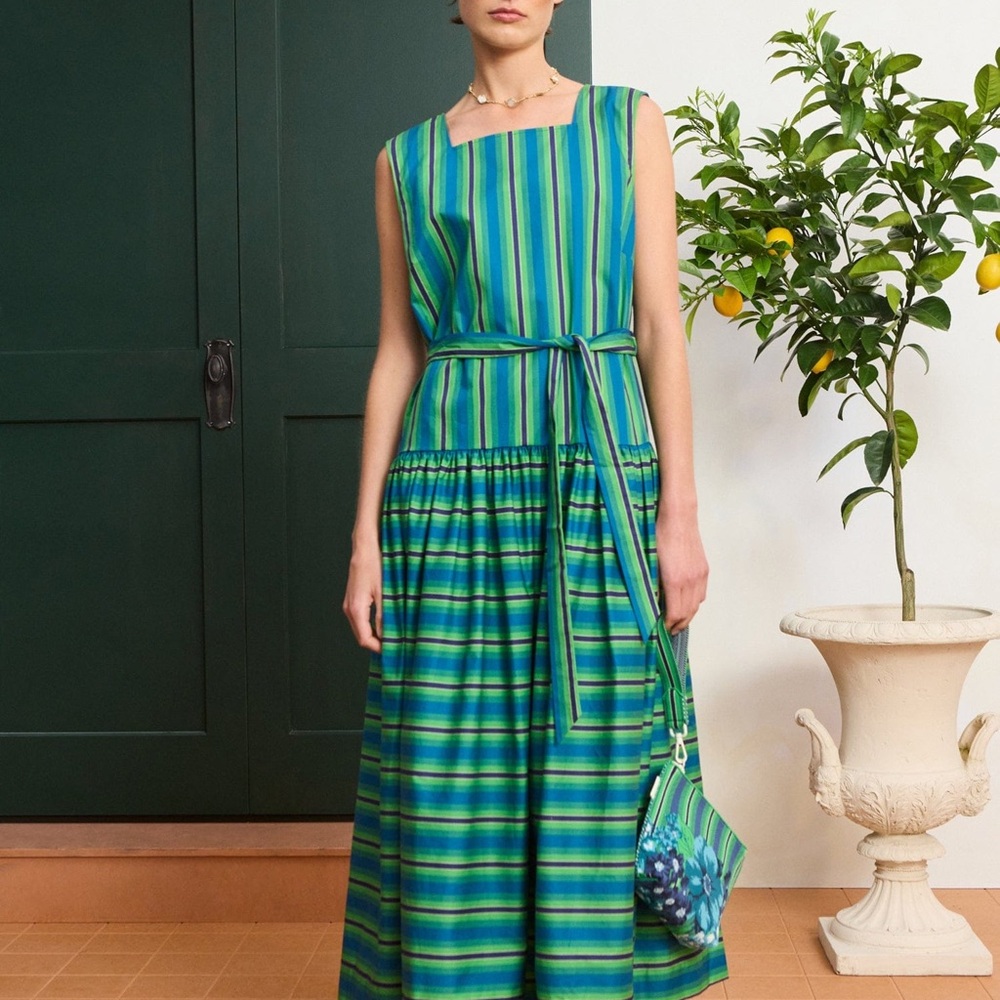 Alemais Margo Midi Green Striped Sleeveless Belted Dress - Picture 1 of 11